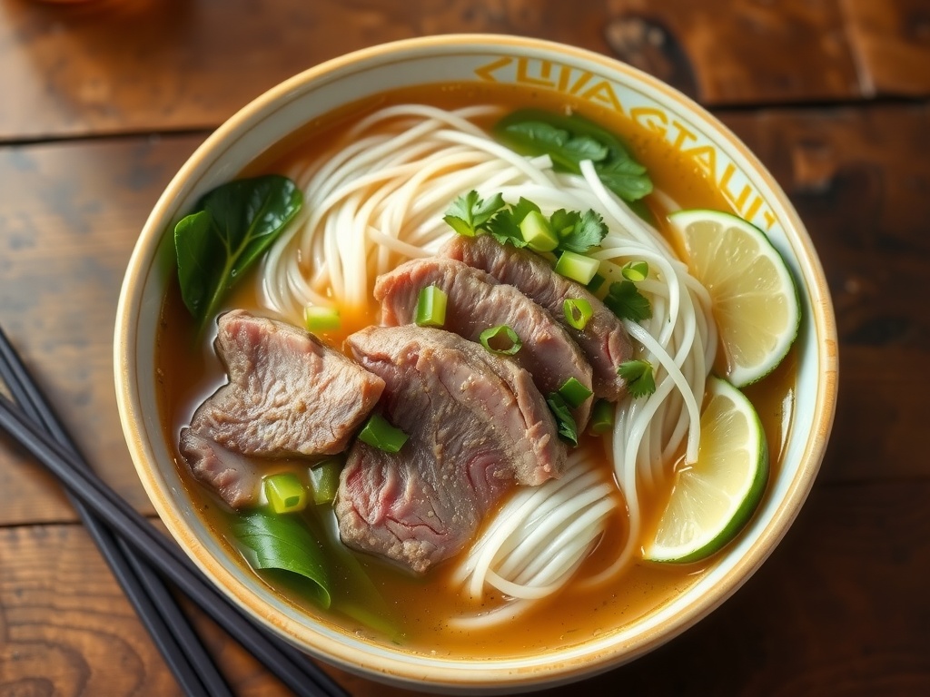 Authentic Vietnamese Beef Pho Recipe A bowl of Beef Pho with beef, rice noodles, herbs, bean sprouts, and lime on a rustic table.